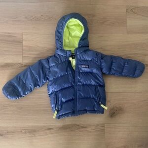Patagonia Navy Puffer Jacket with Lime Interior, 12-18m